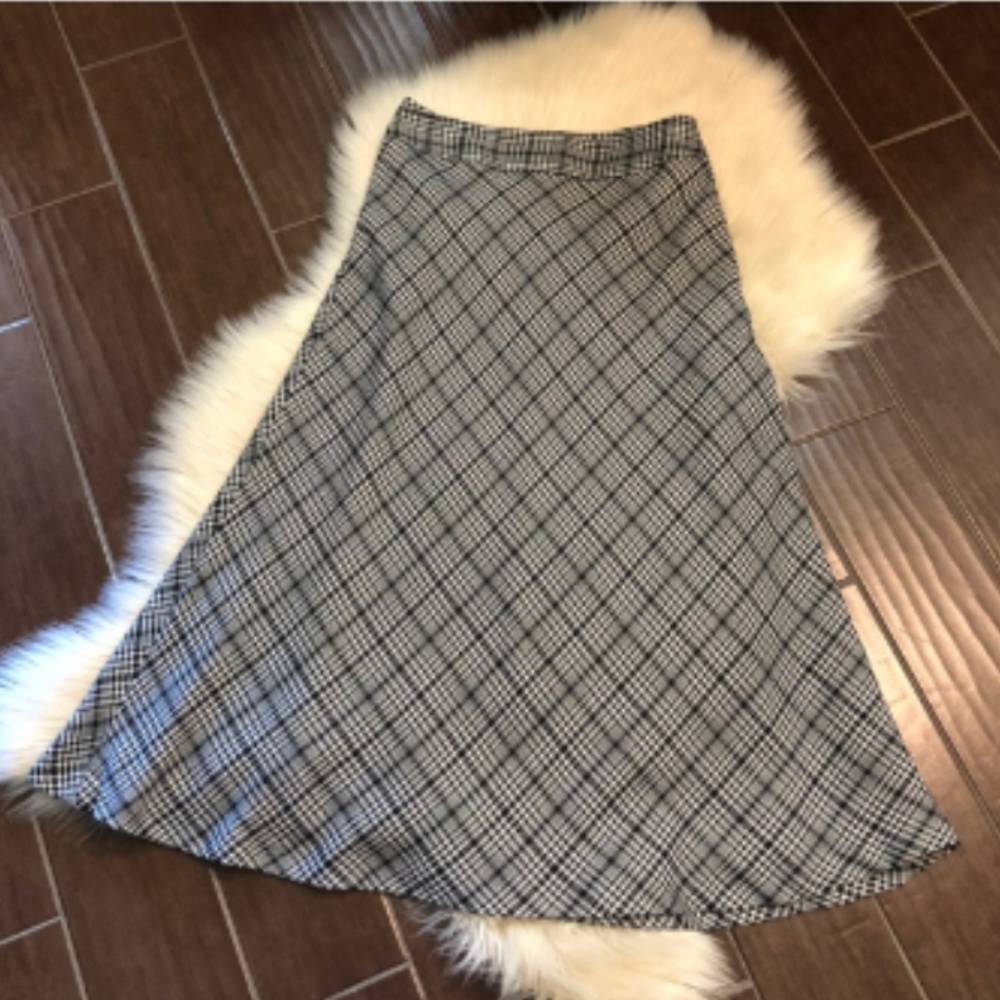 Women's Black White Diagonal Houndstooth Long Lined Skirt Size